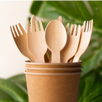 Wooden cutlery in cup with leaves-500x500