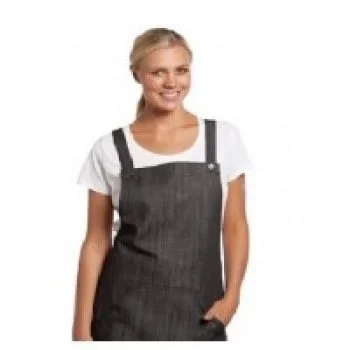 Black waist apron with front pockets, suitable for hospitality or kitchen staff use.