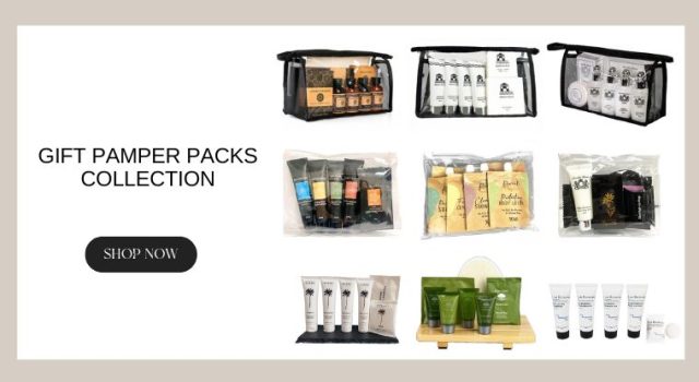 Gift pamper packs collection with various skincare sets in transparent bags and a 'Shop Now' button on the left