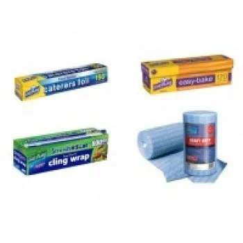 Assorted kitchen supplies including aluminum foil, baking paper, cling wrap, and rolls of blue food service wipes.