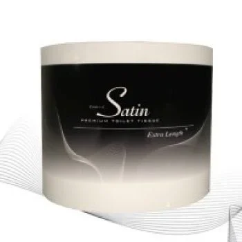 Satin premium toilet tissue roll with black and white packaging labeled “Extra Length.