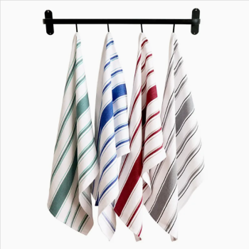 Plain white cotton tea towel neatly folded, ideal for kitchen cleaning and drying dishes.